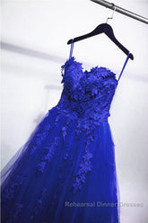 Gorgeous Blue Lace Floral Long Semi Formal Prom Dresses, Blue Appliques Formal Evening Dresses, Blue Ball Gown